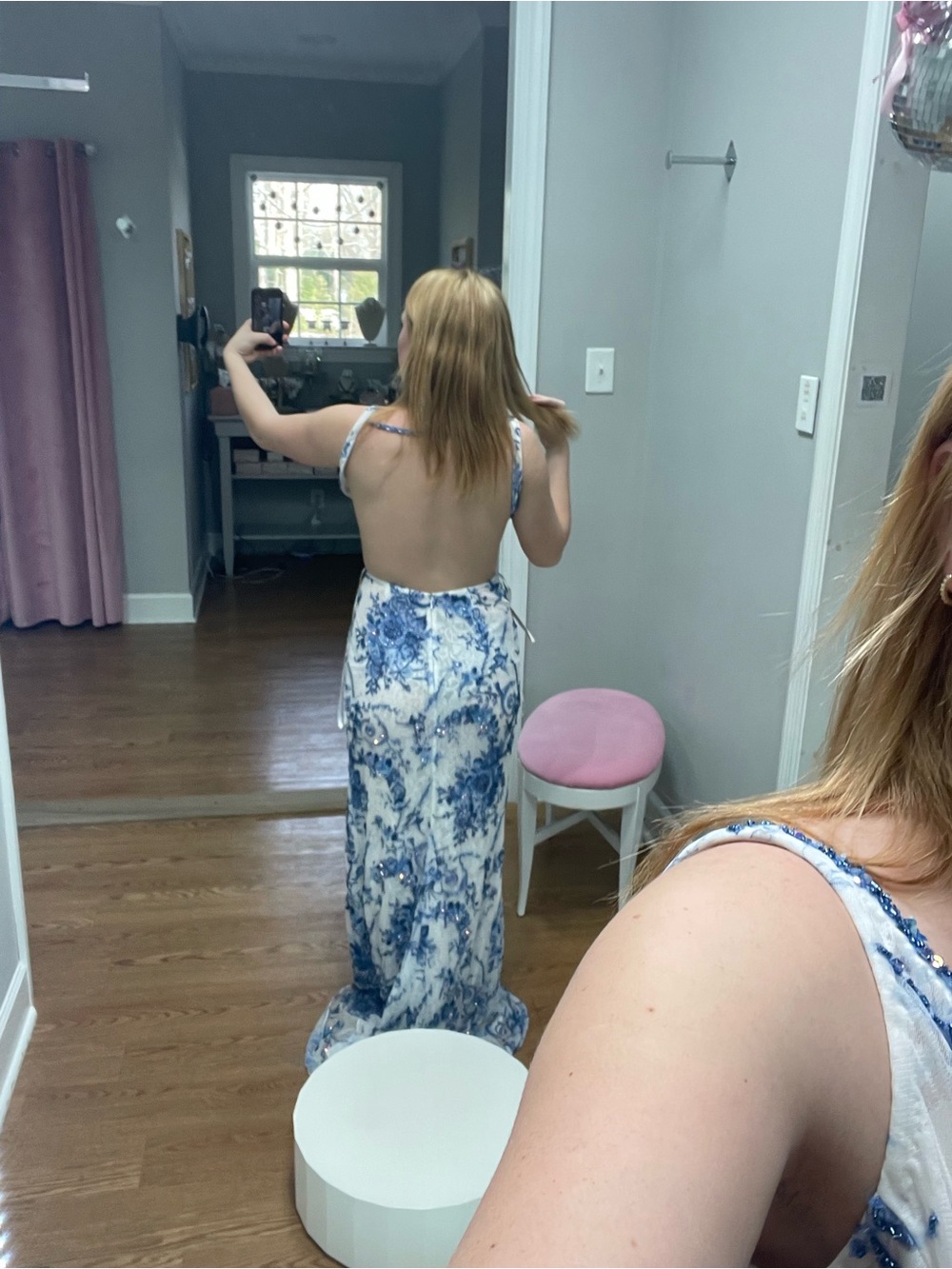Sherri Hill Blue and White Backless Floral Gown